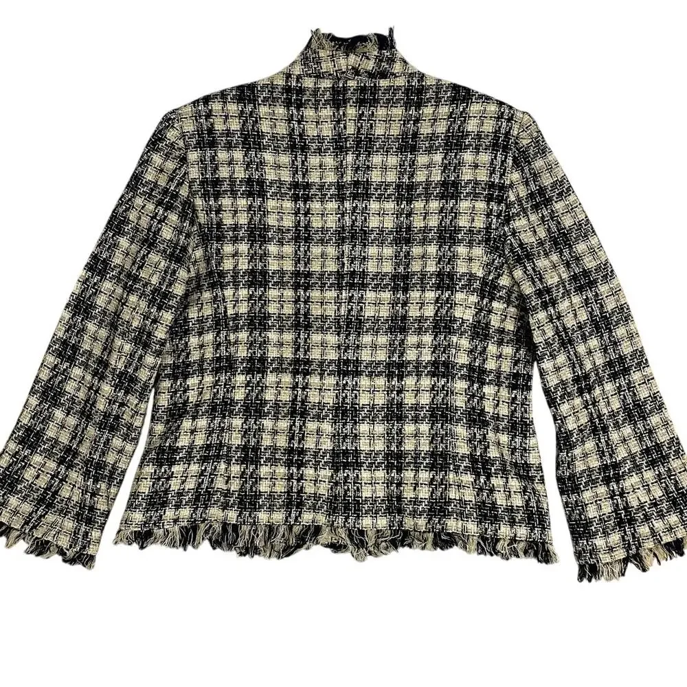 Nicole Studio Blazer Womens‎ 18 Cream/Black Plaid Tweed Fringe Boho Party